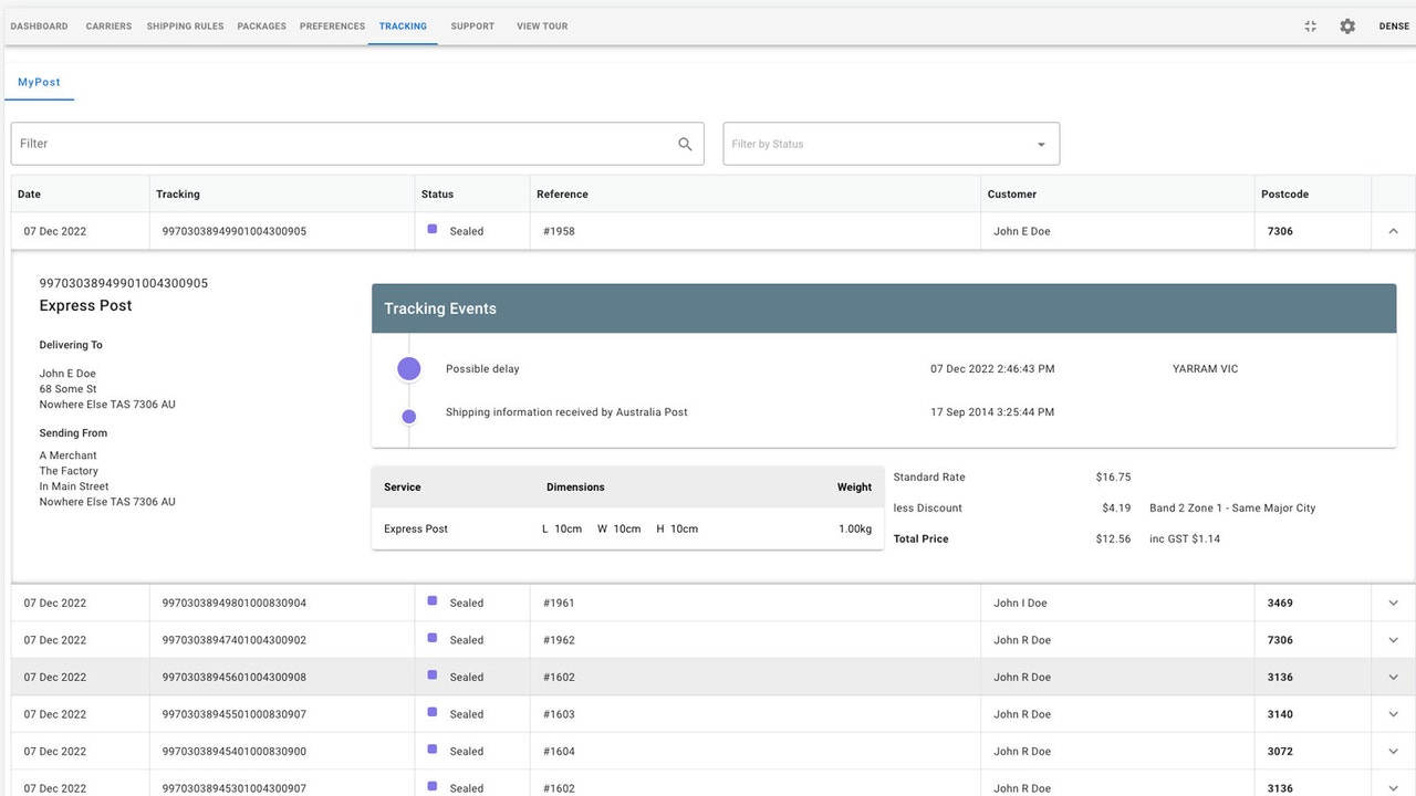 Veja informações de rastreamento para todas as suas remessas MyPost