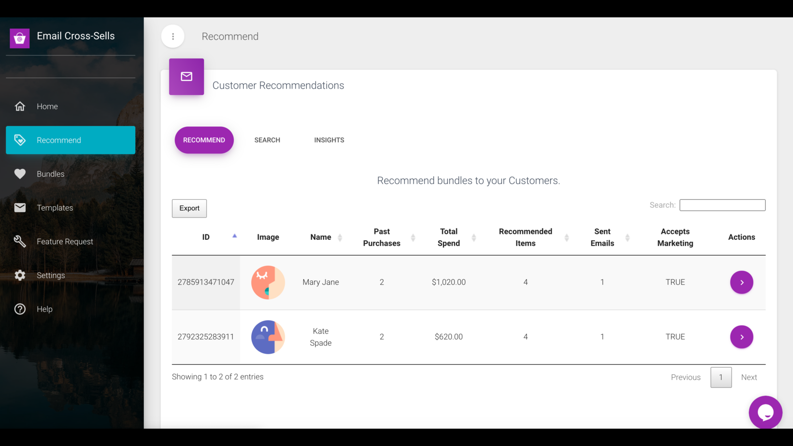 Vue de recommandation de client de l'application