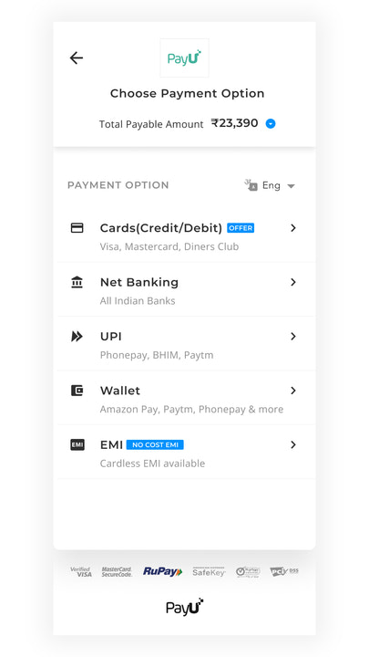 PayU Checkout page for end-customer on mobile