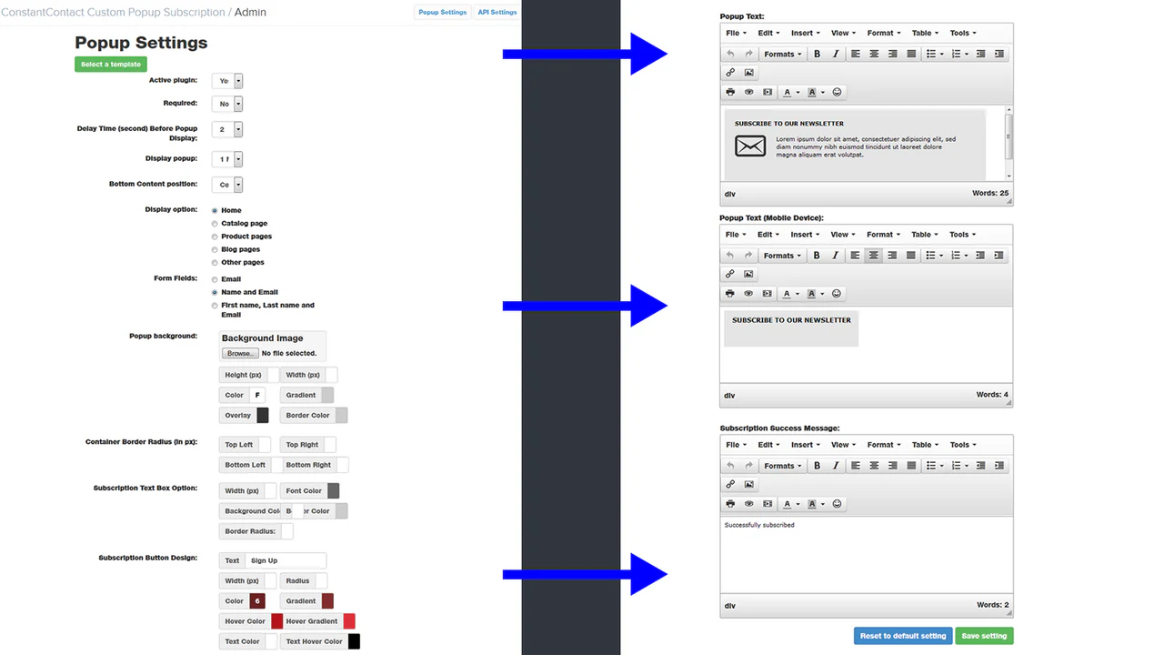 ConstantContact popup-inställningar