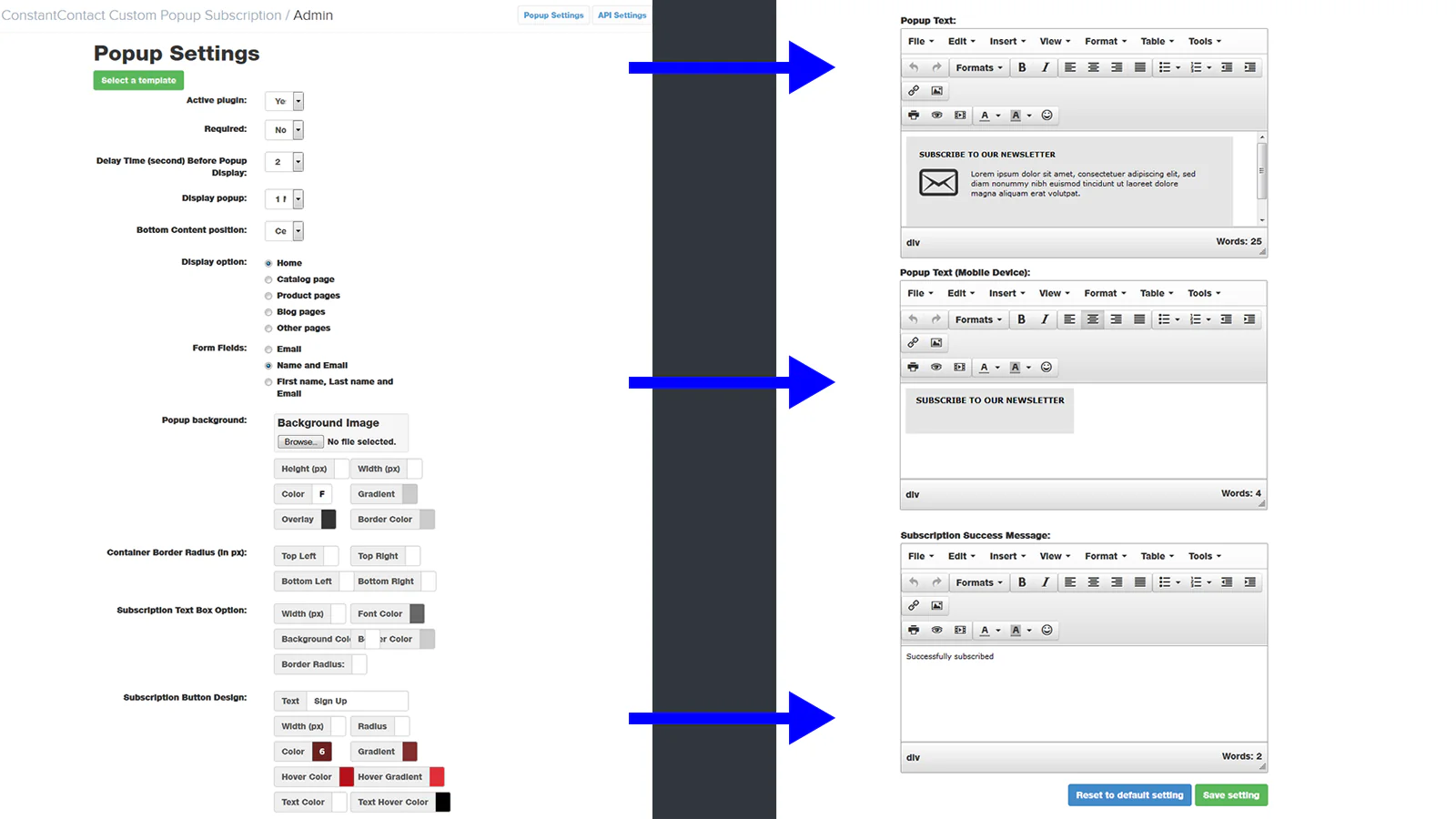 ConstantContact popup settings