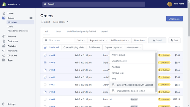 Imprimez en masse des étiquettes à partir de la page de commande.