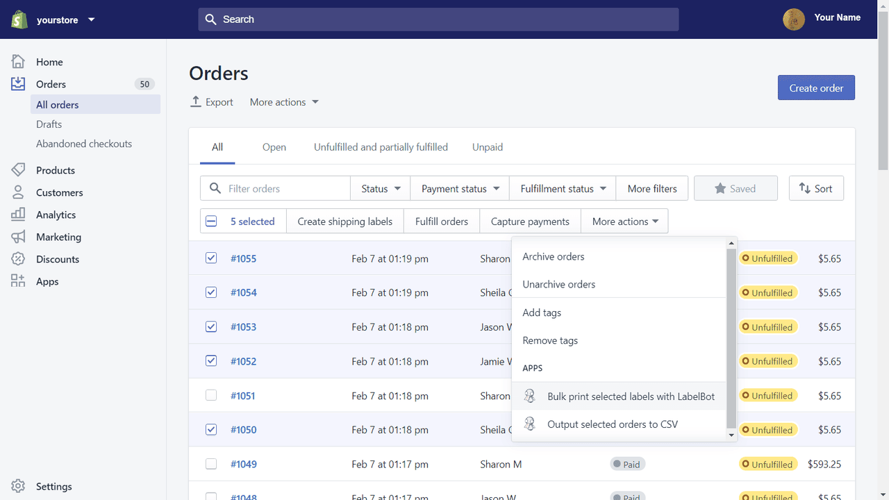 Imprima etiquetas em massa a partir da página de pedidos.