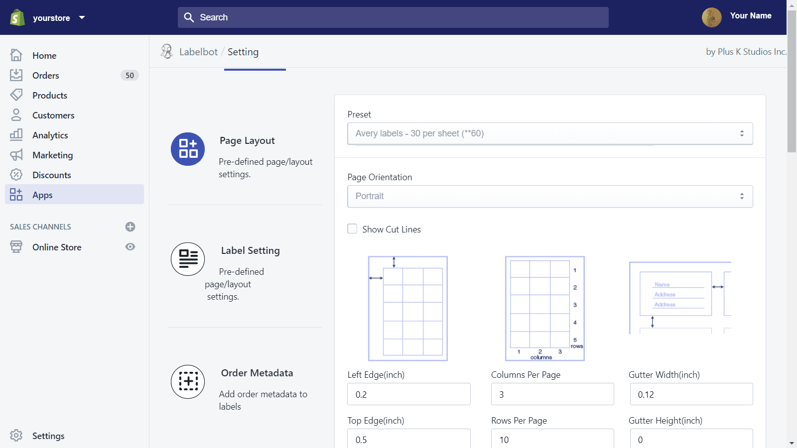 Modifique as configurações da página e da etiqueta, ou escolha predefinições.