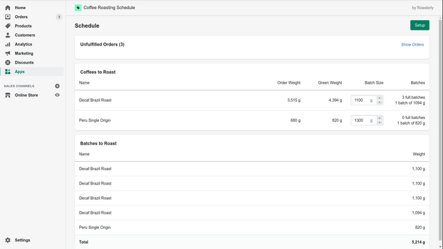 Schedule screen showing orders, coffees, and batches to roast.