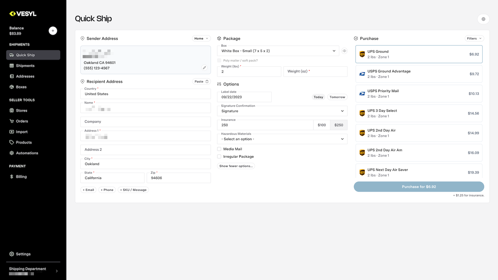 Quick Ship screen in VESYL for buying postage labels