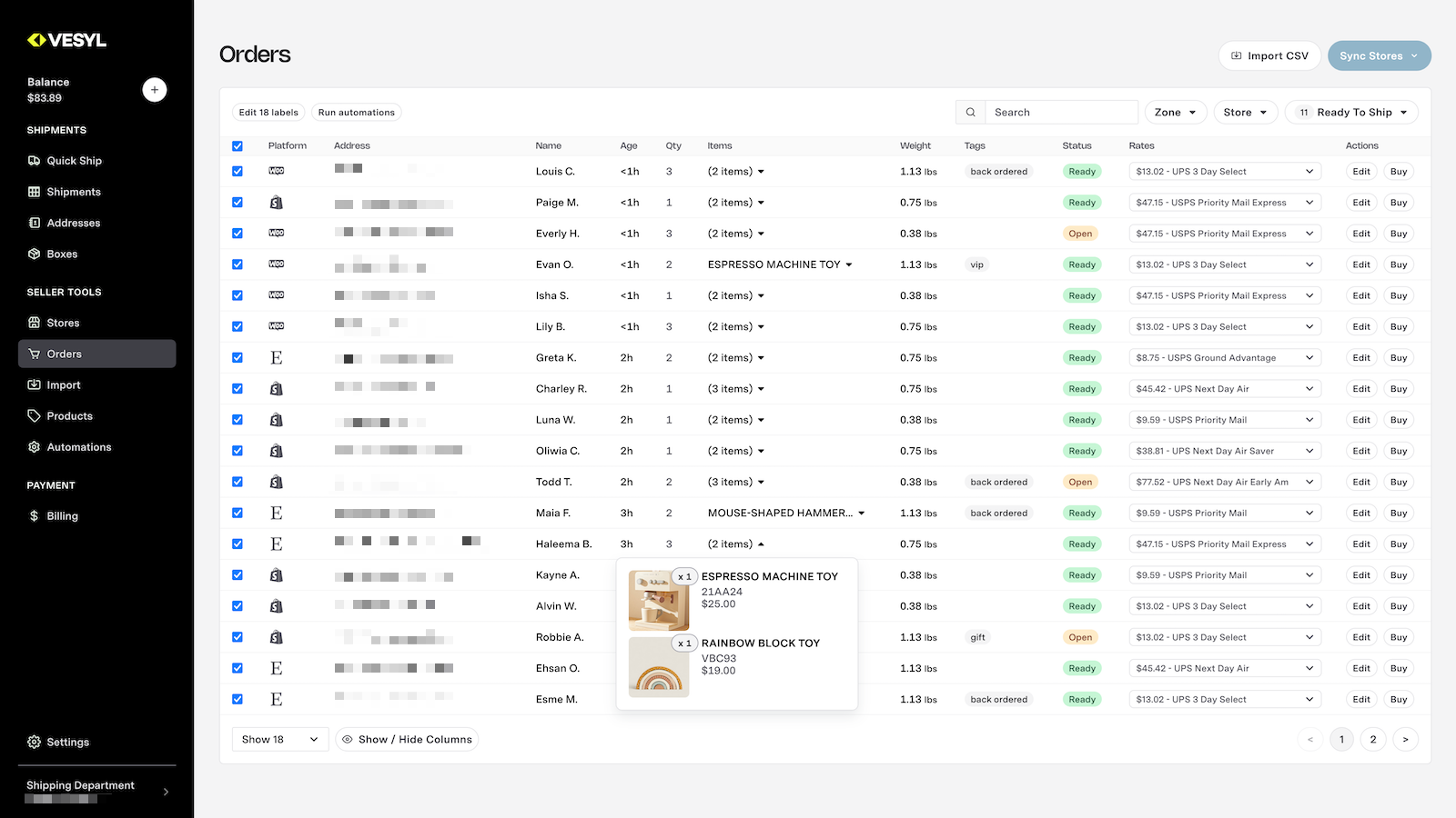 Écran des commandes dans VESYL montrant plusieurs commandes Shopify