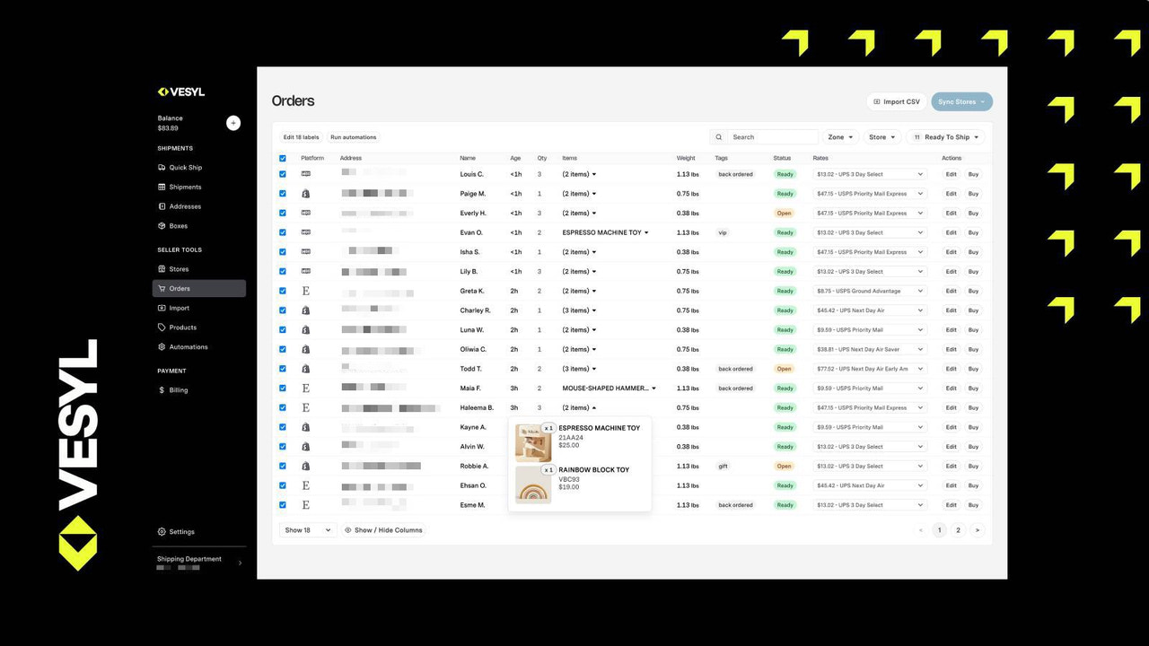 Tabell som visar beställningar importerade från Shopify och en lista över priser