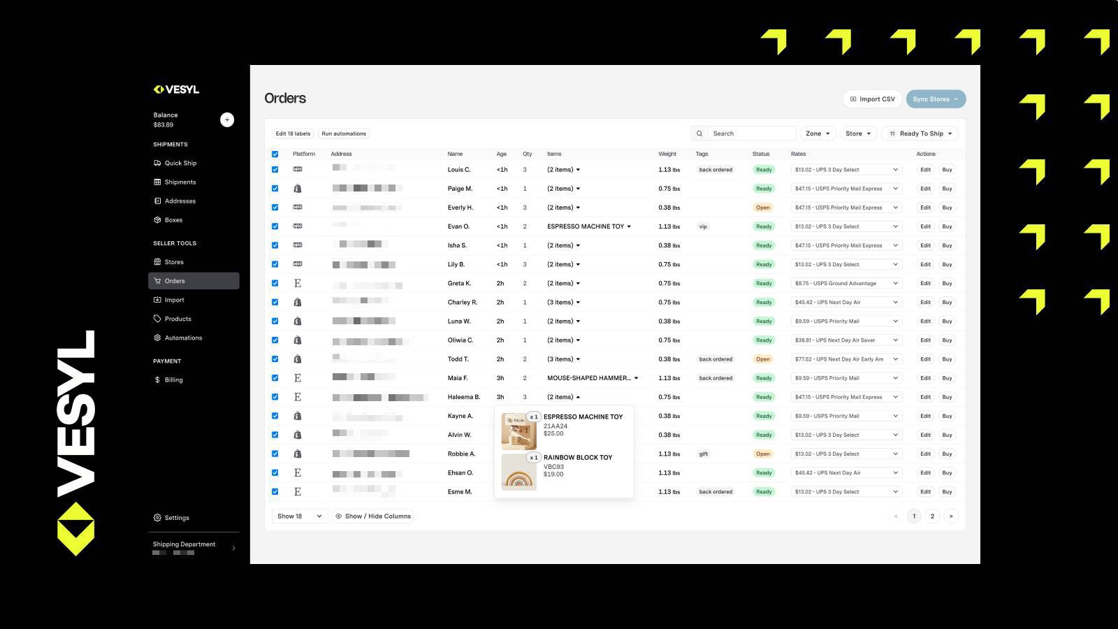 Table showing orders imported from Shopify and a list of rates