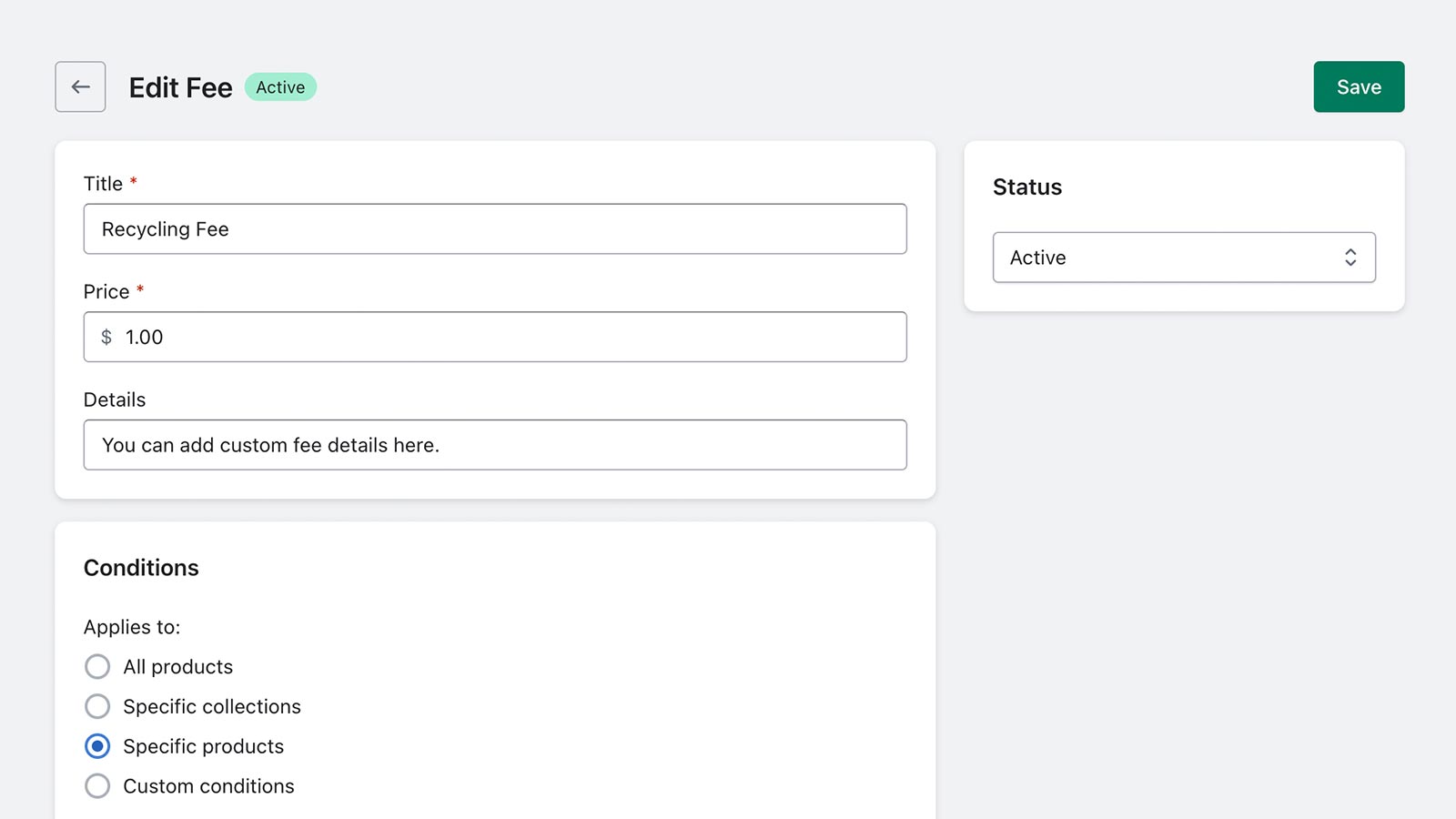 Kosteneditor met opties voor titel, prijs, details en meer