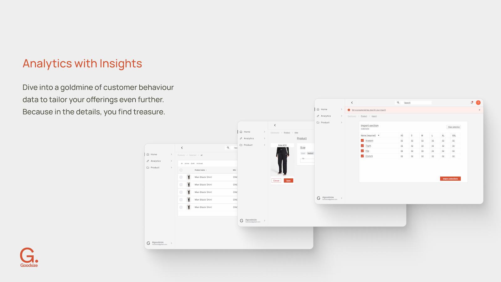 Analytics dashboard of Goodsize app showing sizing data