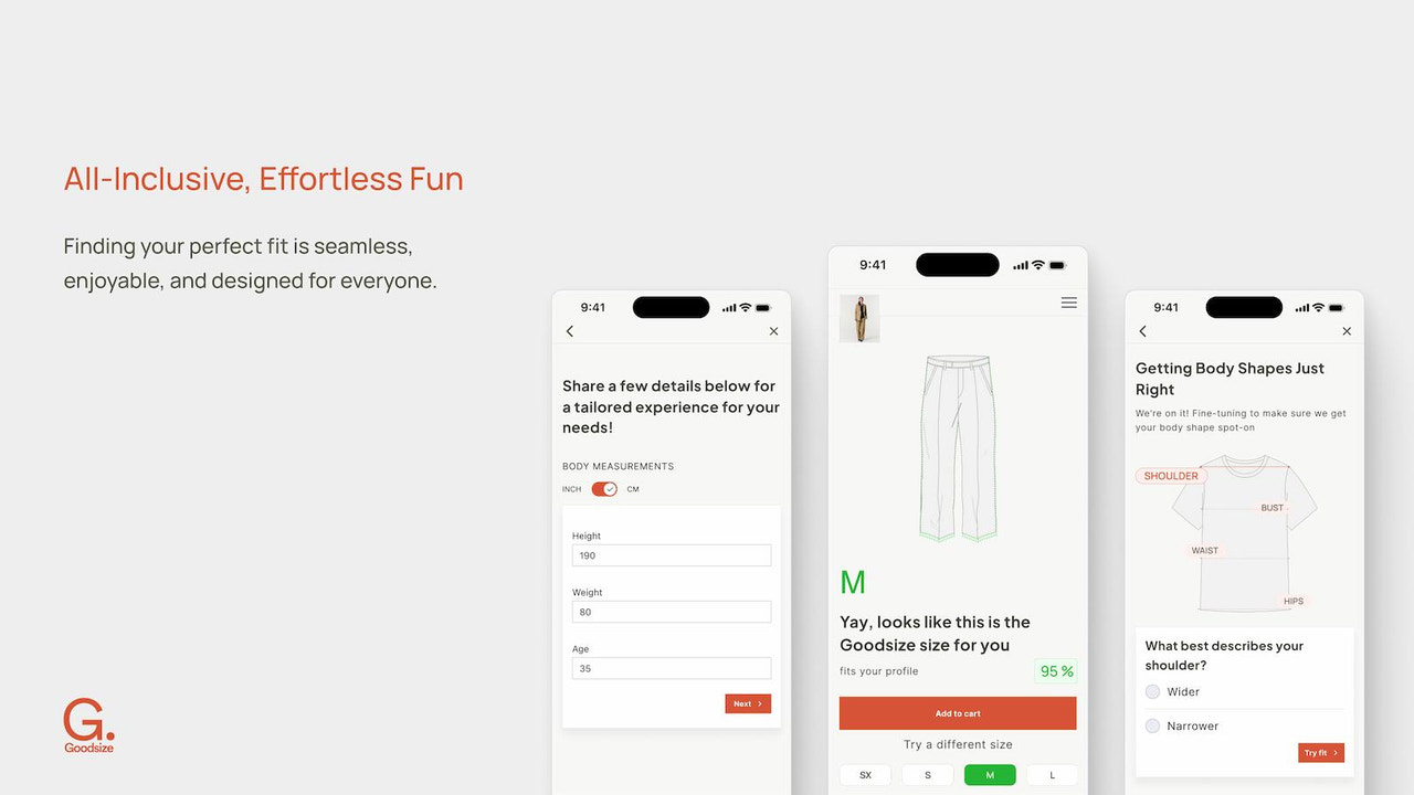 Mobile screens showing Goodsize's tailored fit process.