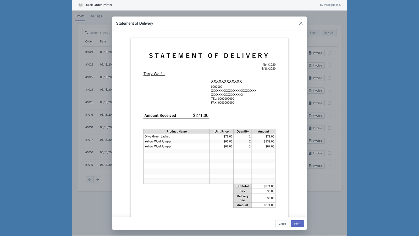 Quick Order Printer - Easily create receipts, invoices, delivery notes.'