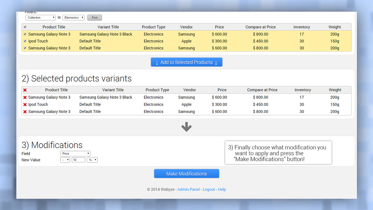 Admin panel step 1, find product variants