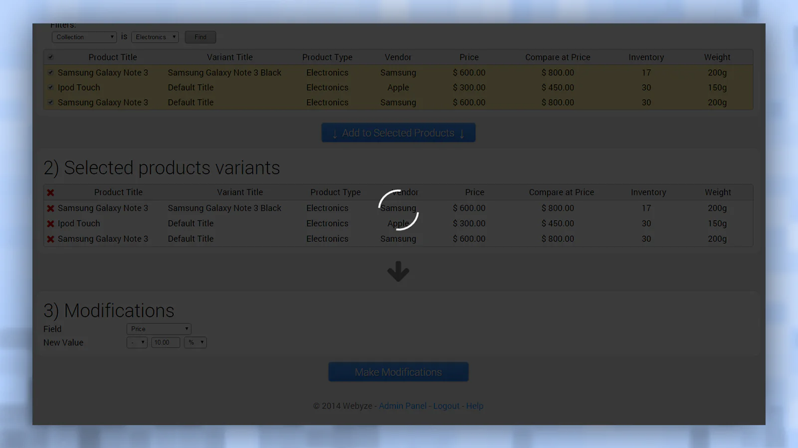 Admin panel applying modifications