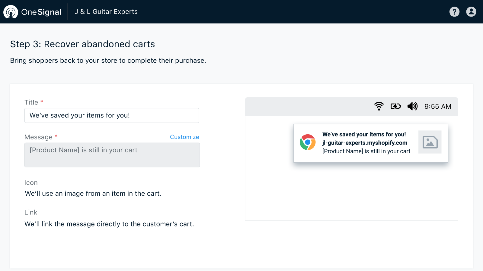 Configuración de notificación de carrito abandonado