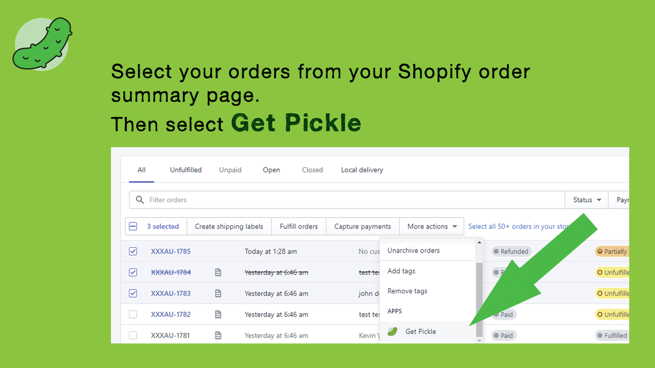 Välj beställningar från din Shopify orders sammanfattning