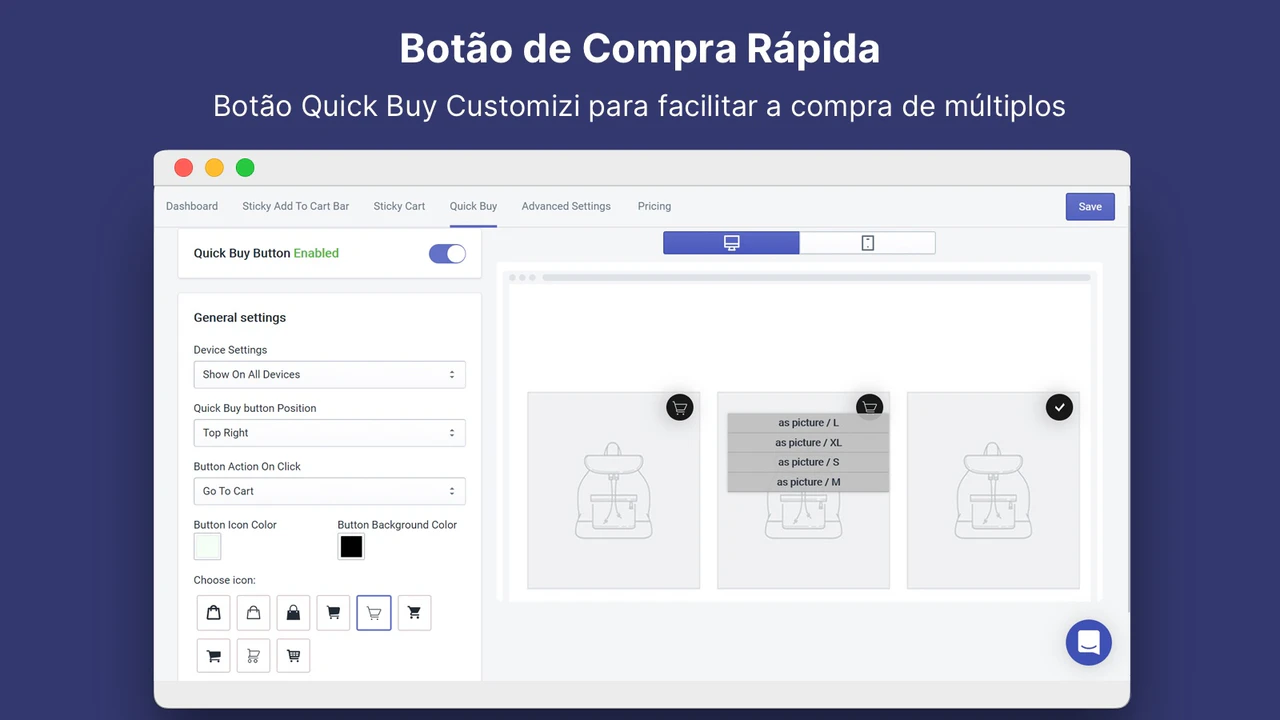 Personalize seu botão de compra rápida