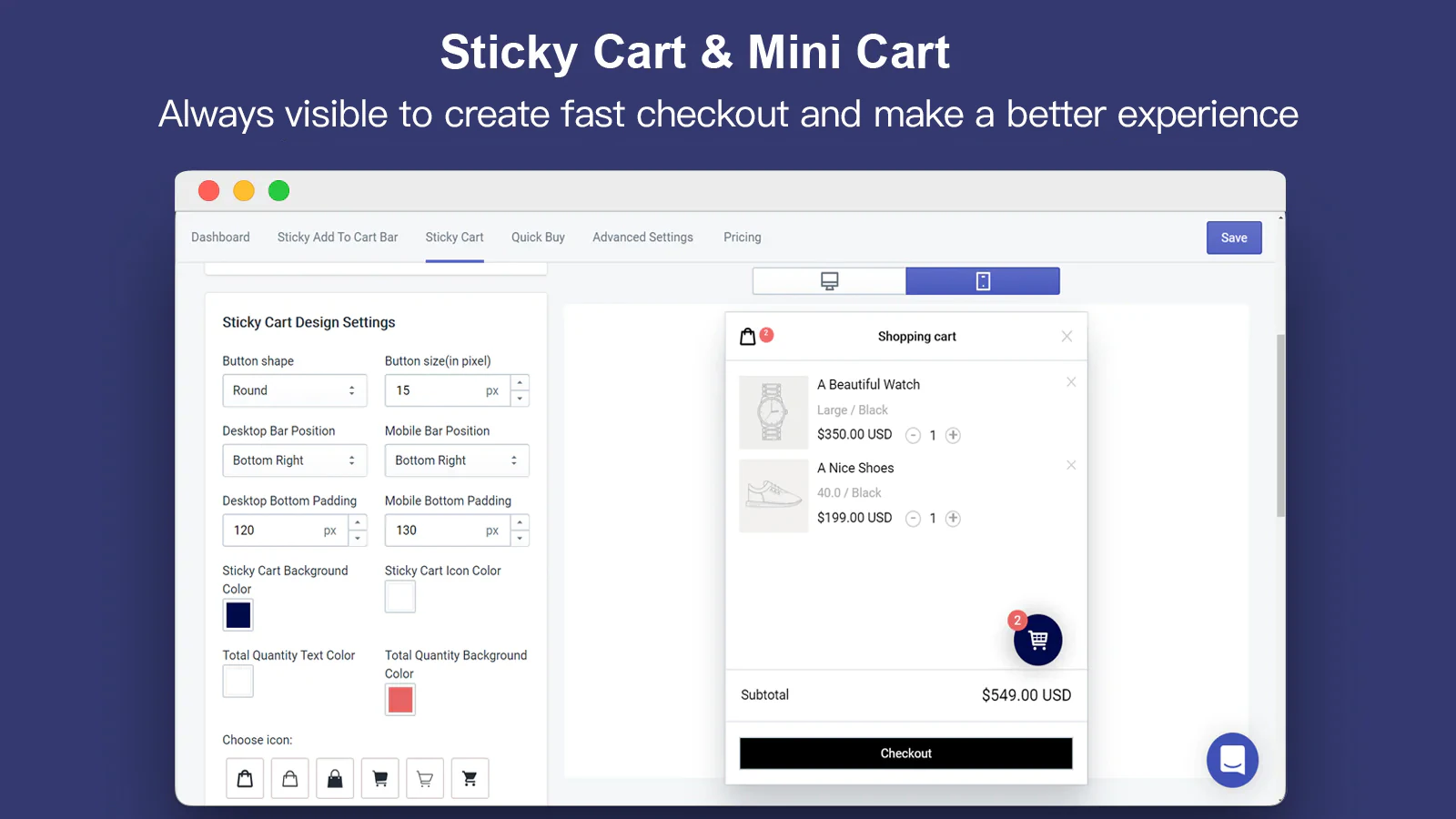 Quick Buy-knap & Sticky Cart