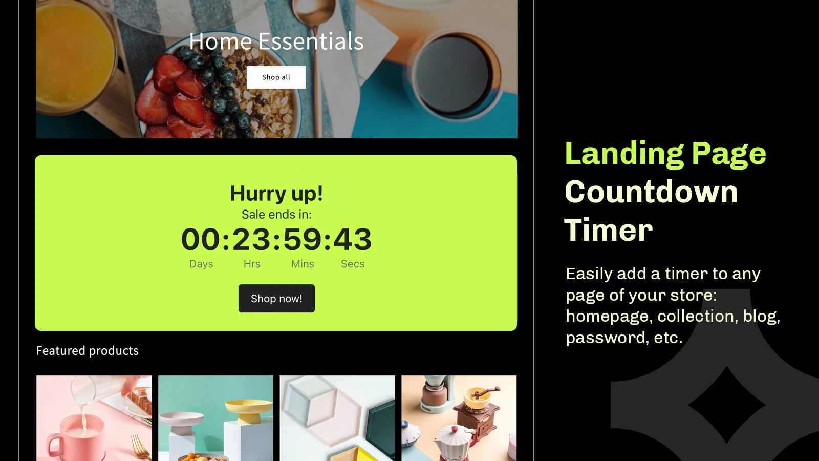 Essential Shopify wachtwoordpagina afteltimer balk 