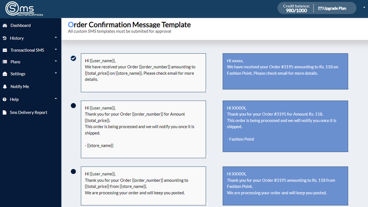 Transactional SMS / My Templates