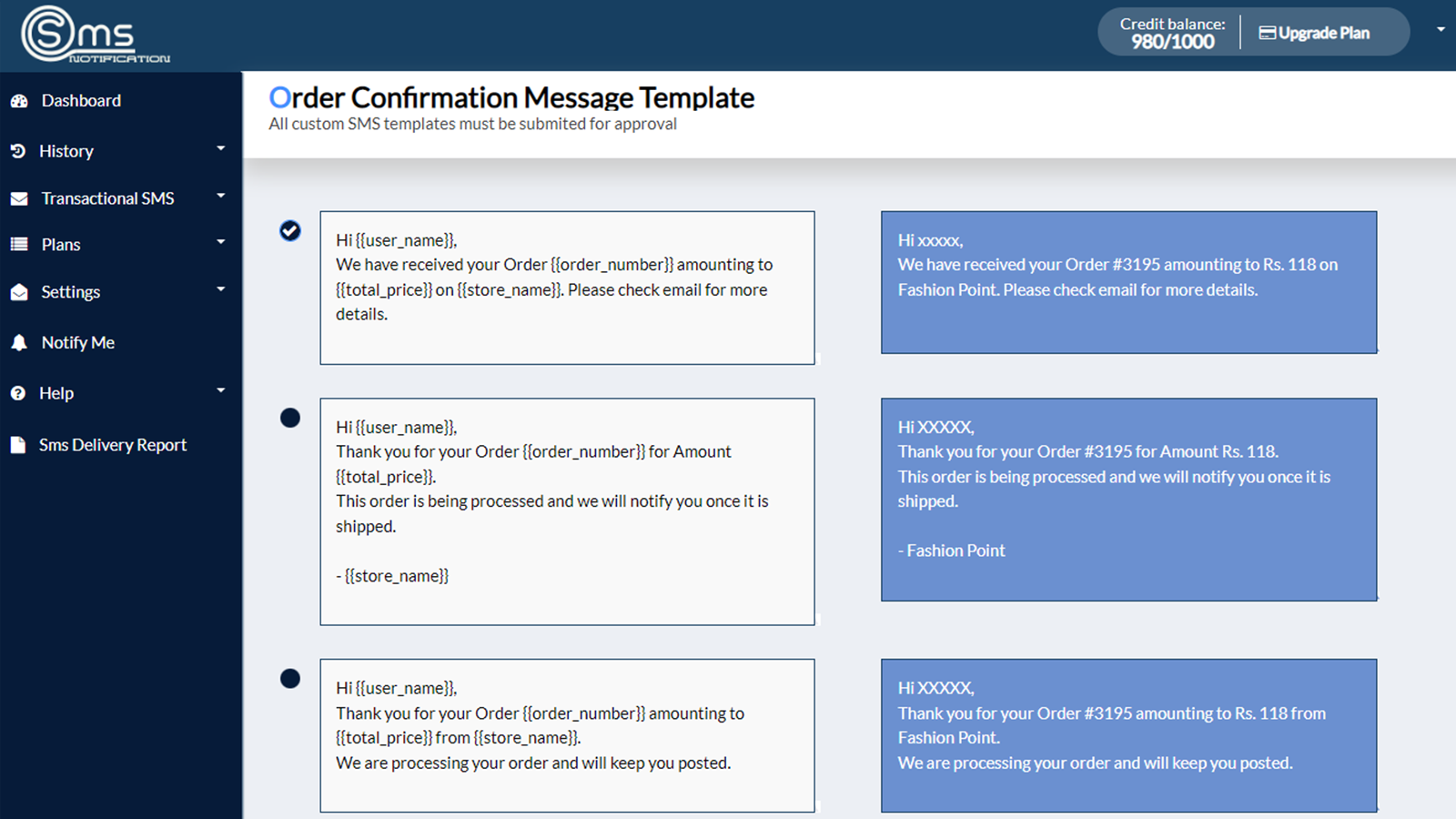 SMS transactionnel / Mes modèles