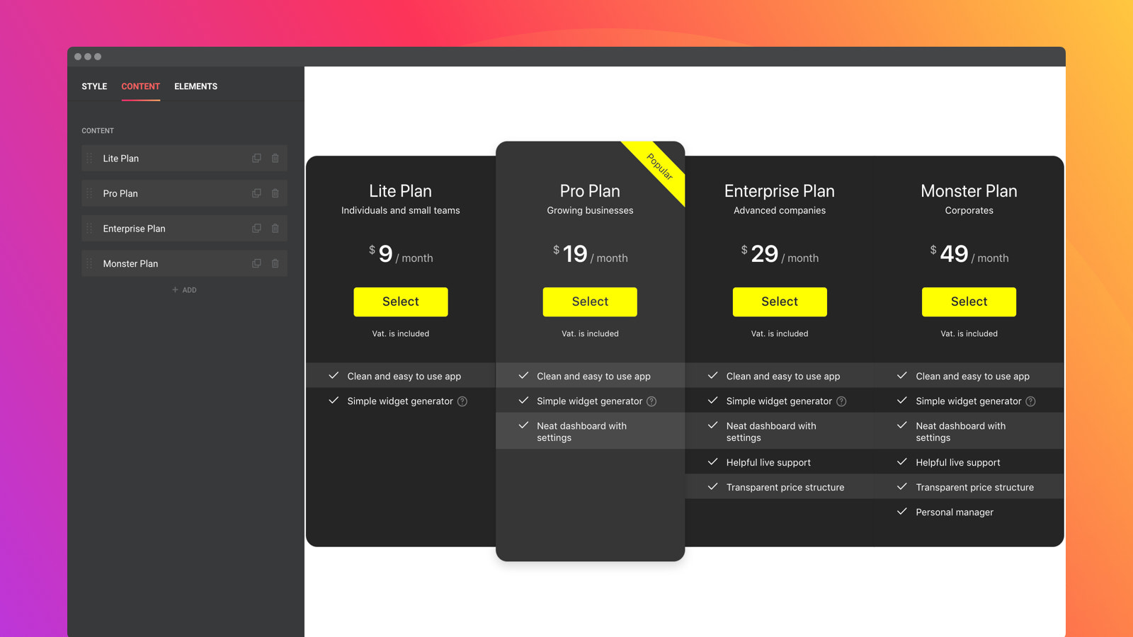 Add or hide pricing elements, choose their style and color