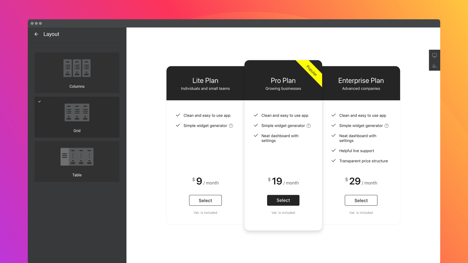 Três layouts predefinidos para sua tabela de preços