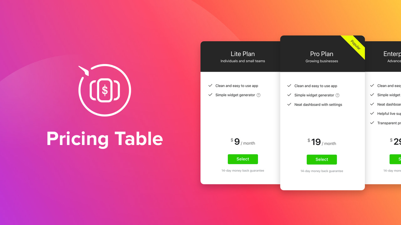 Elfsight Product Pricing Table Screenshot