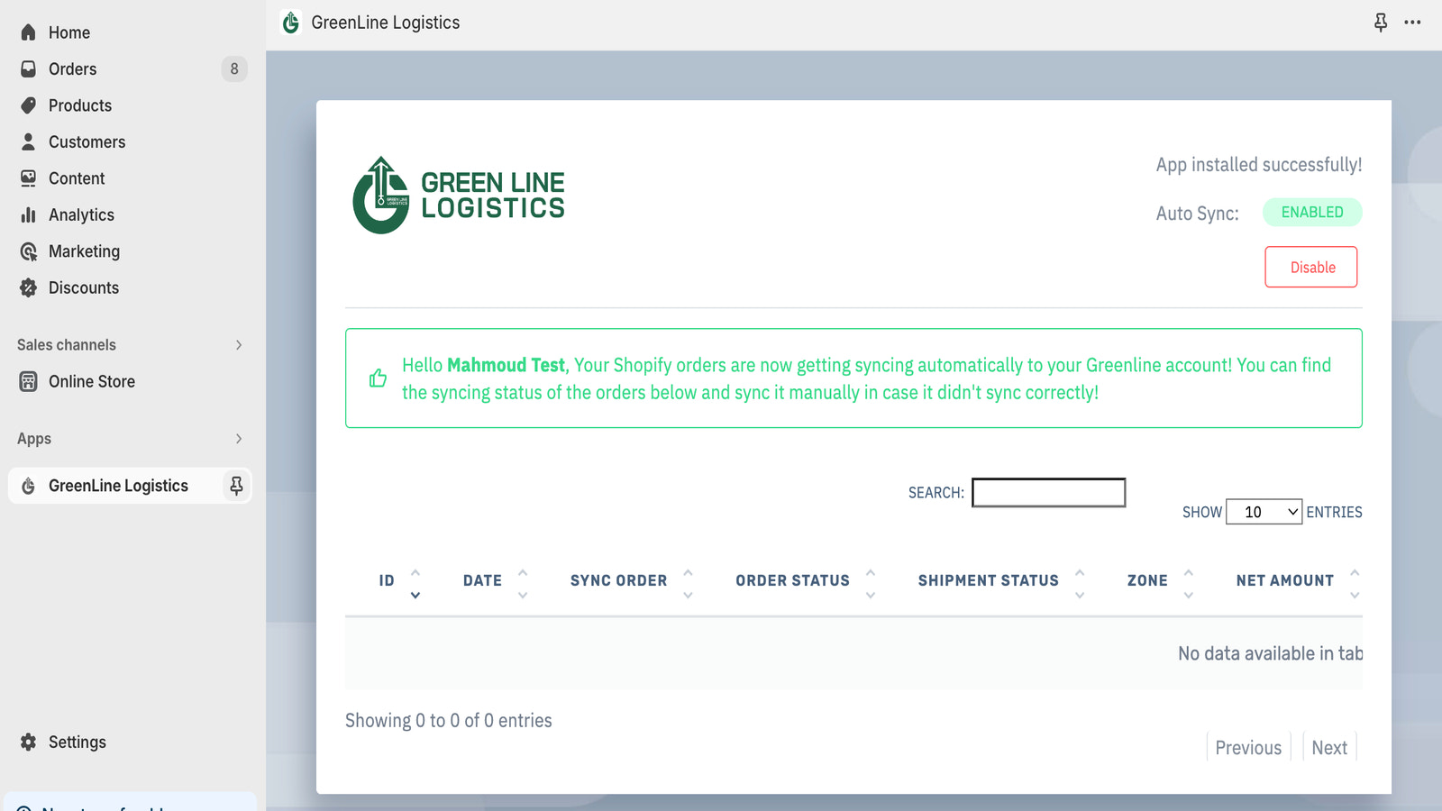 Painel do aplicativo Greenline Logistics