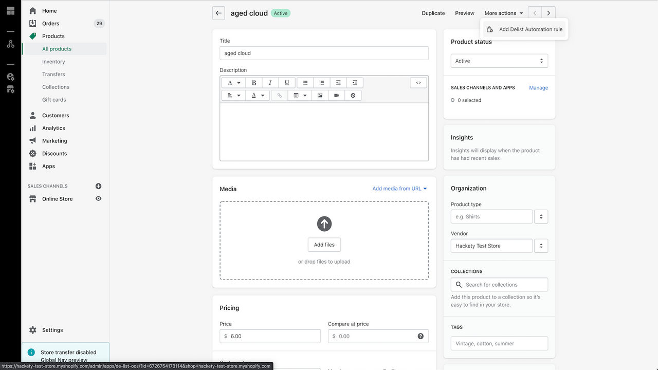 Adicione uma nova regra de Delist Automation a partir da visualização de detalhes do produto