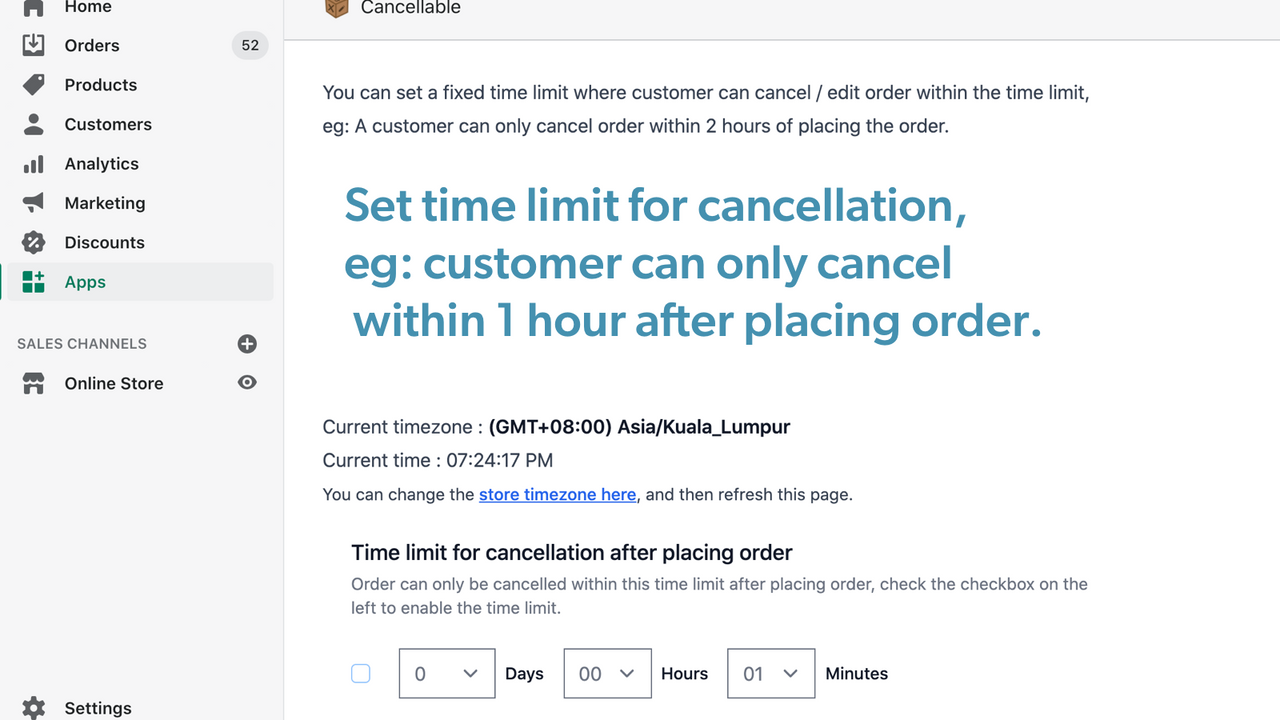 Set order cancellation time limit, eg: within 1 hour of placing 