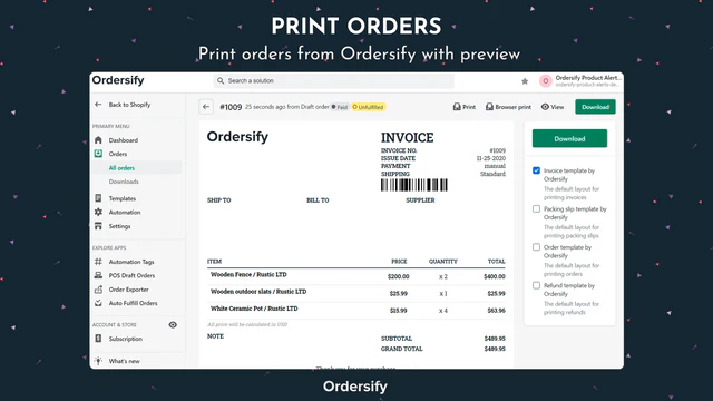 Imprima pedidos do Ordersify com pré-visualização