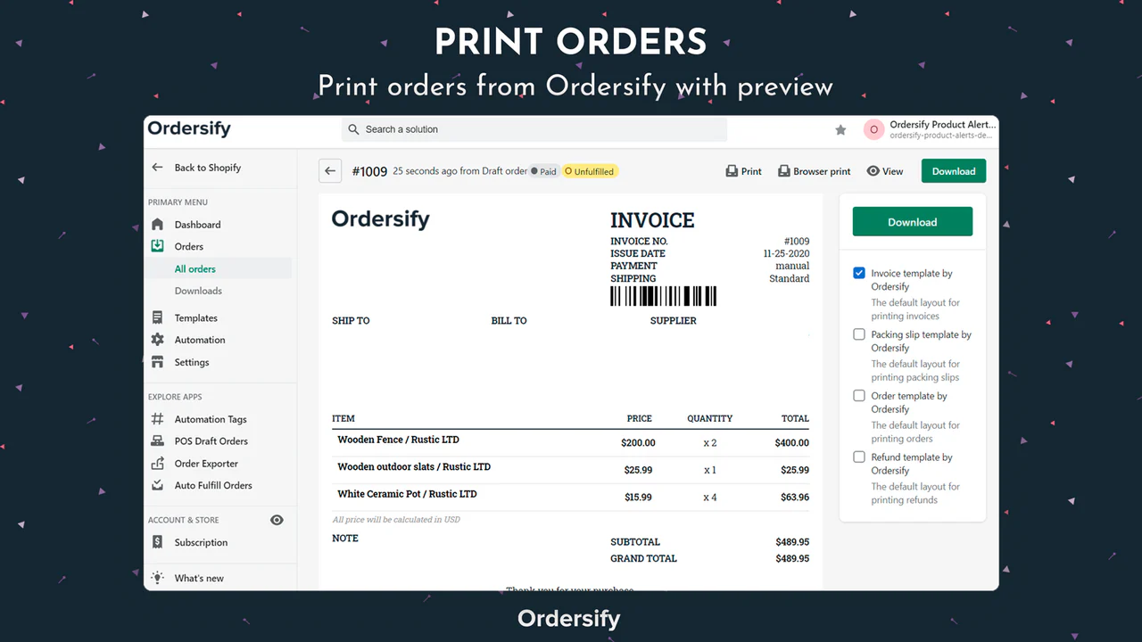 Imprime pedidos desde Ordersify con vista previa