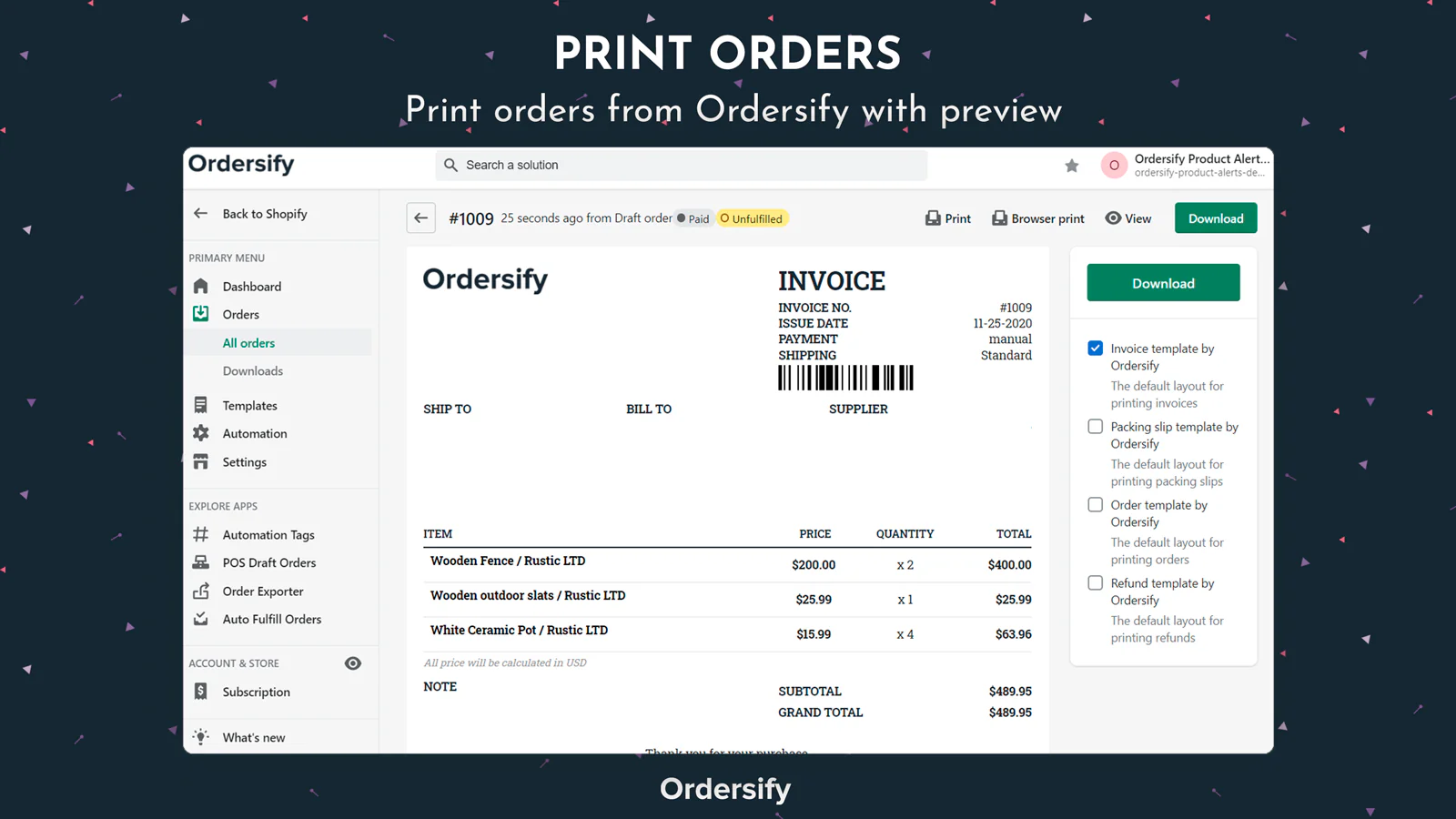 Imprimez des commandes à partir d'Ordersify avec aperçu