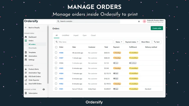 Hantera beställningar inuti Ordersify för utskrift