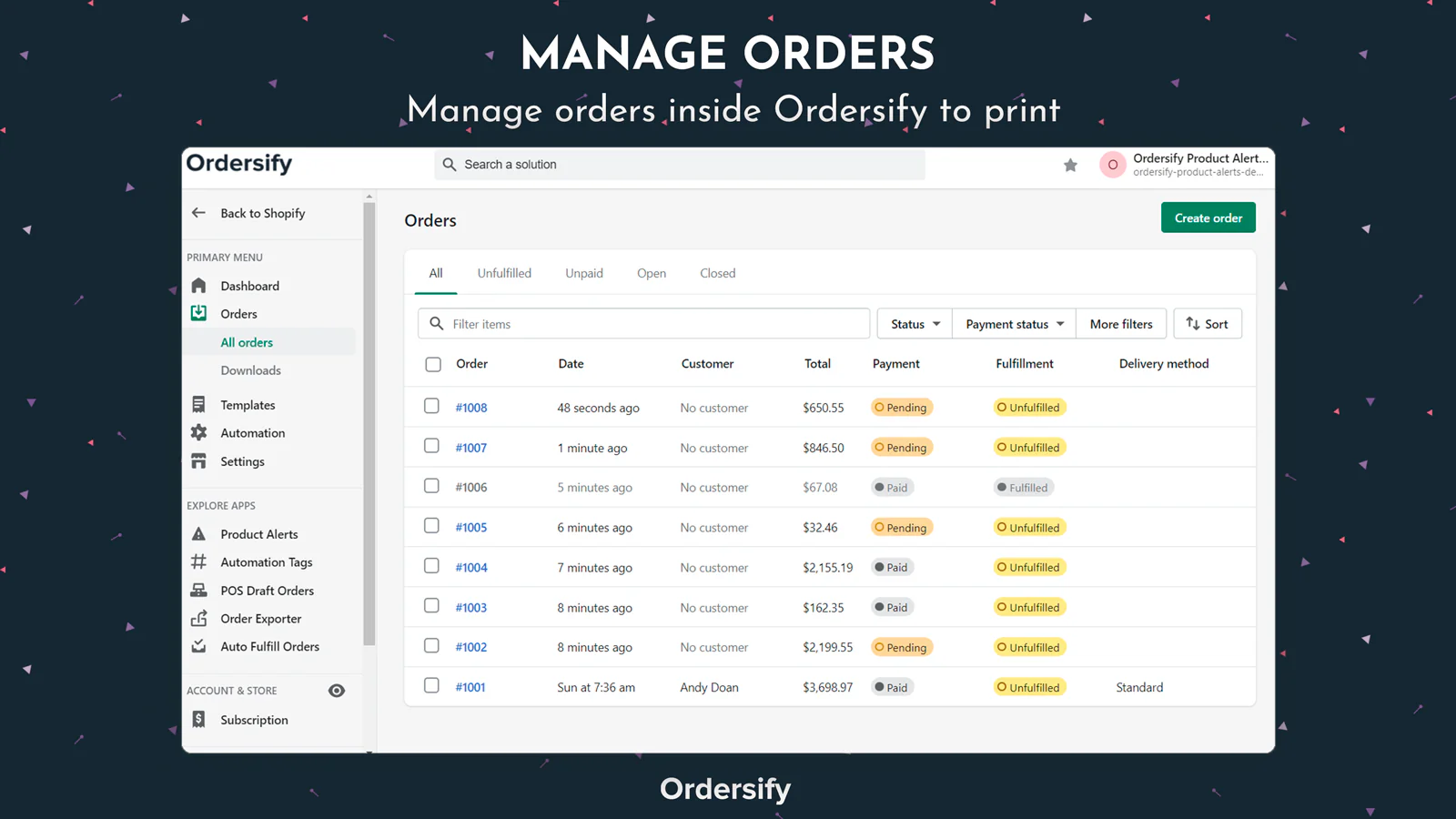 在Ordersify内部管理订单以进行打印