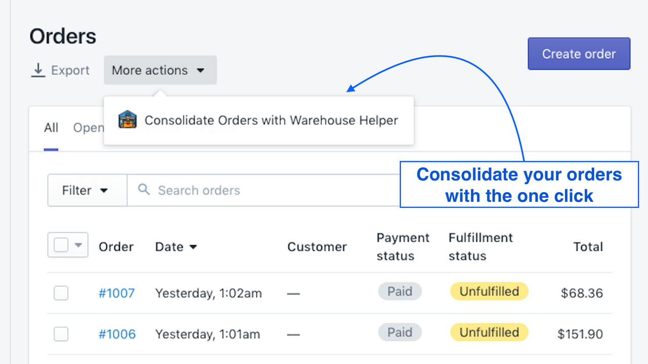 captura de pantalla del botón de warehouse helper en la página de pedidos