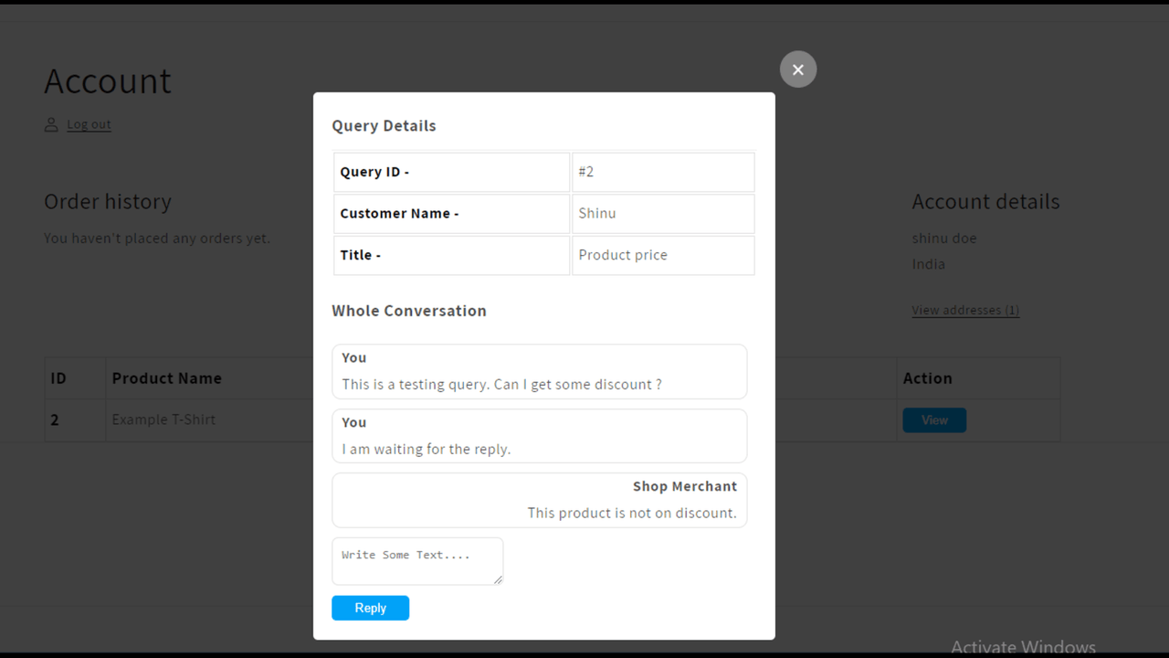 Detailed query conversation on customer account page.