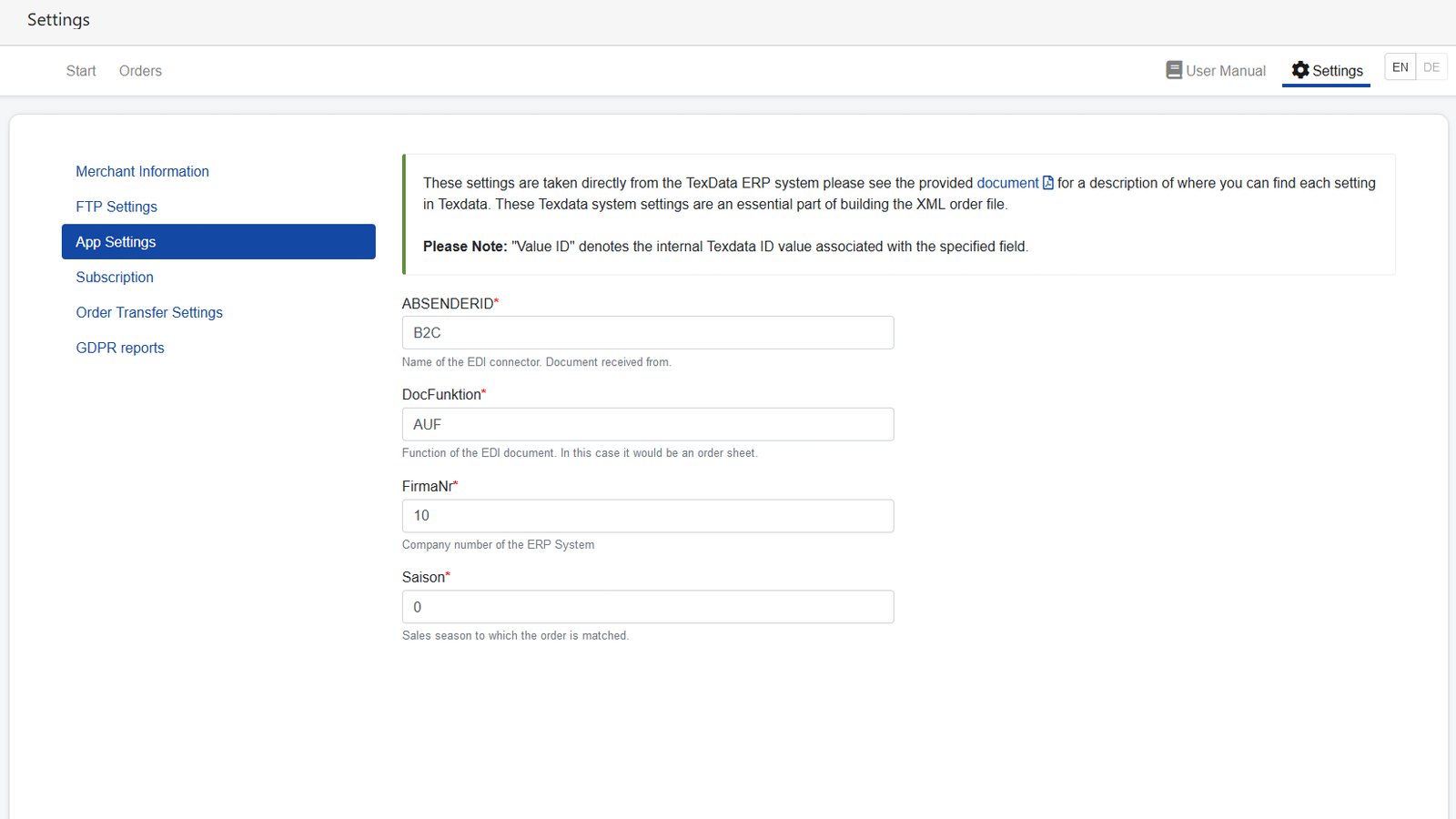 TexData Algemene Instellingen