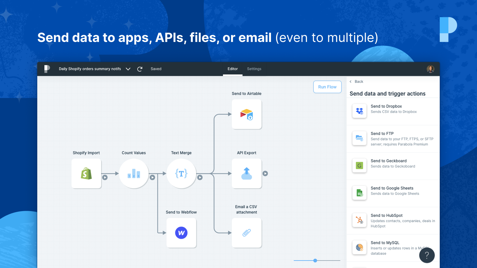 Send data til apps, API'er, filer eller e-mail (endda til flere)