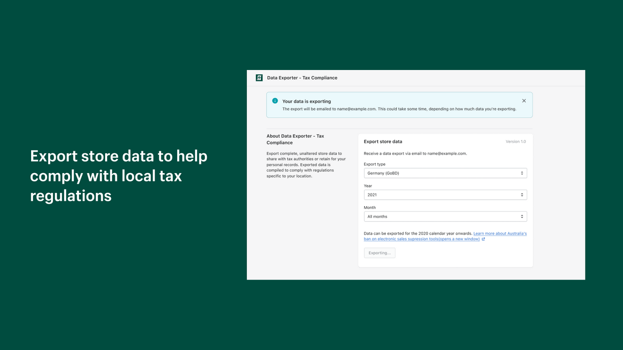 Data Exporter ‑ Tax Compliance Screenshot
