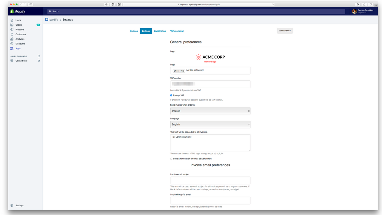 Configuración de la aplicación