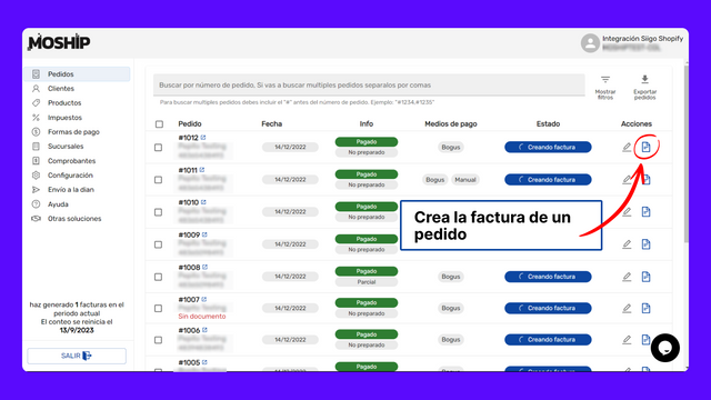 Crea la factura de un pedido