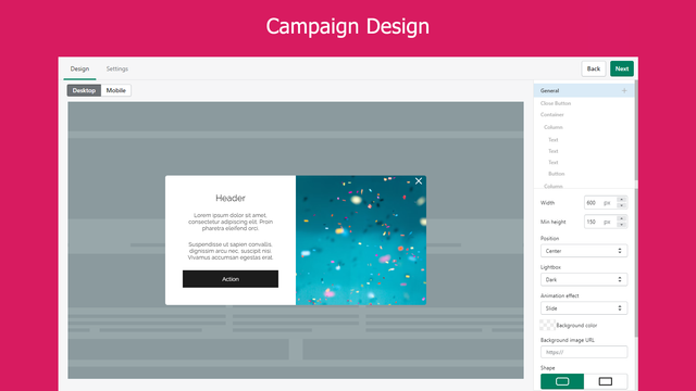 Design da campanha (visualização de desktop)