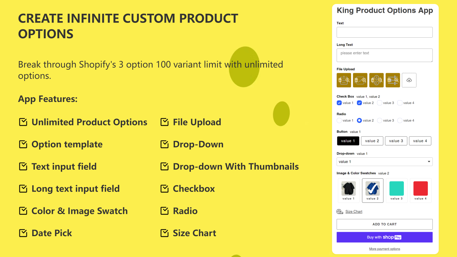 King Product Options & Variant Screenshot