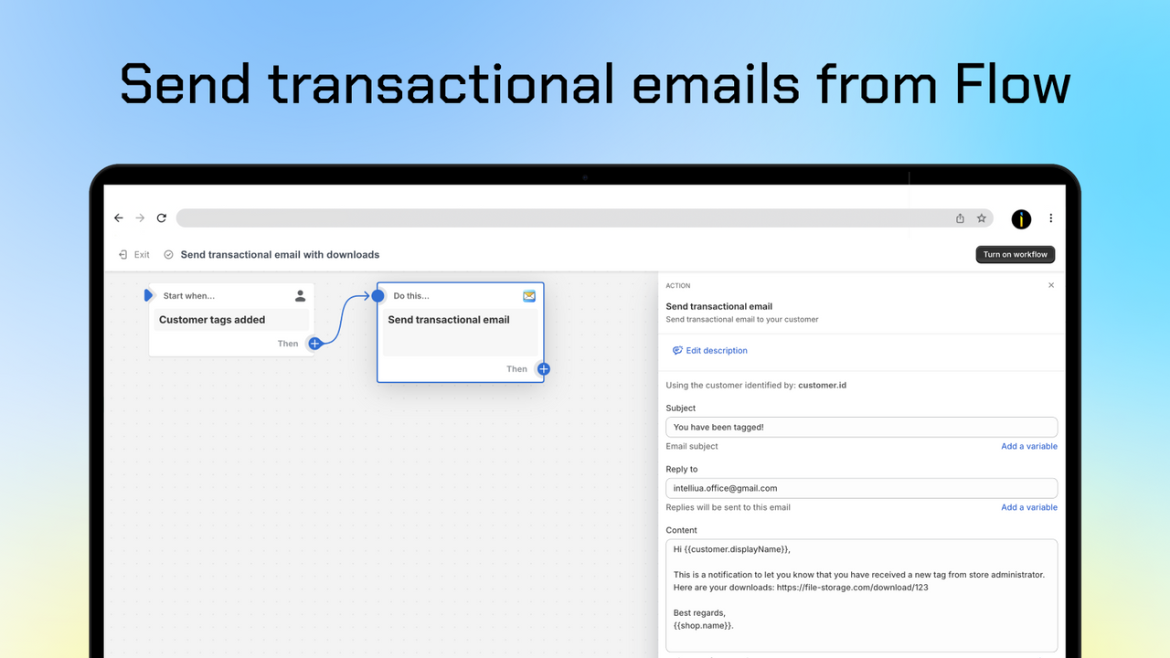 FlowMail – skicka transaktionella e-postmeddelanden från Shopify Flow