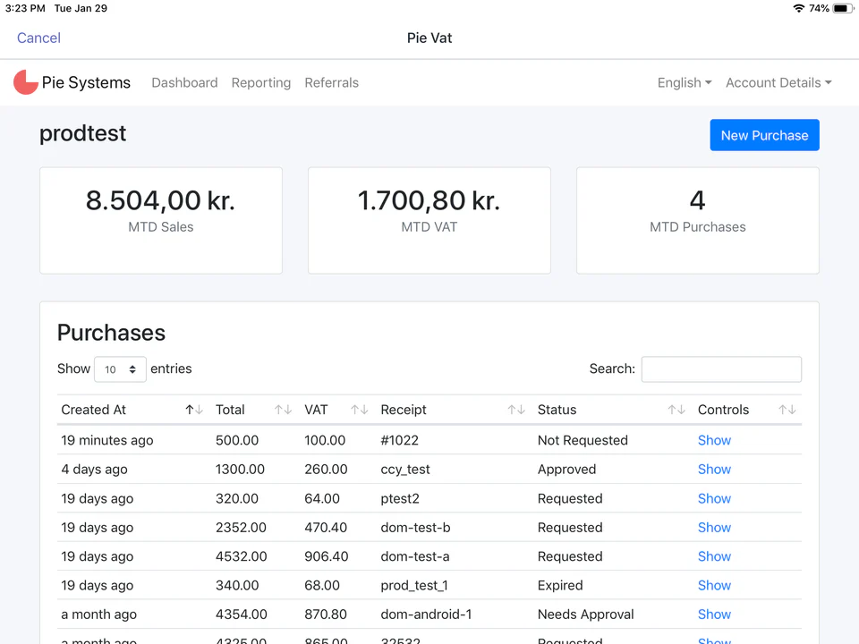 Realtime dashboard van teruggaven