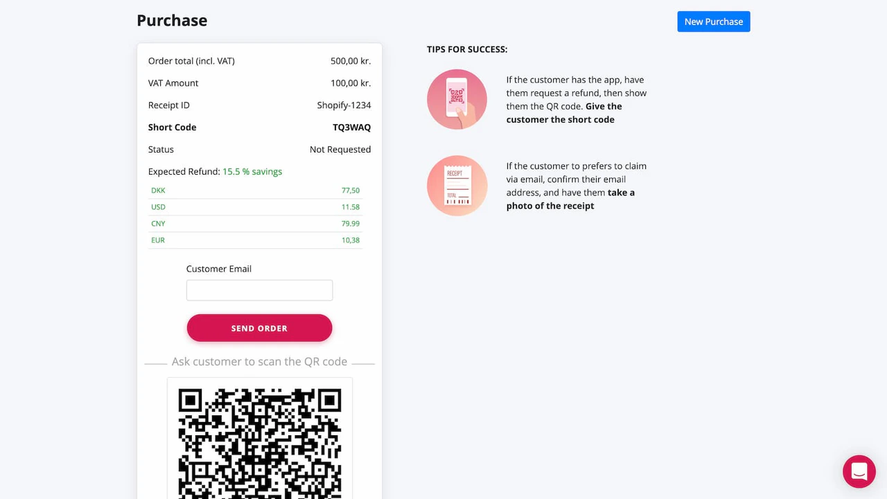 Pie VAT Order seen in an embedded app