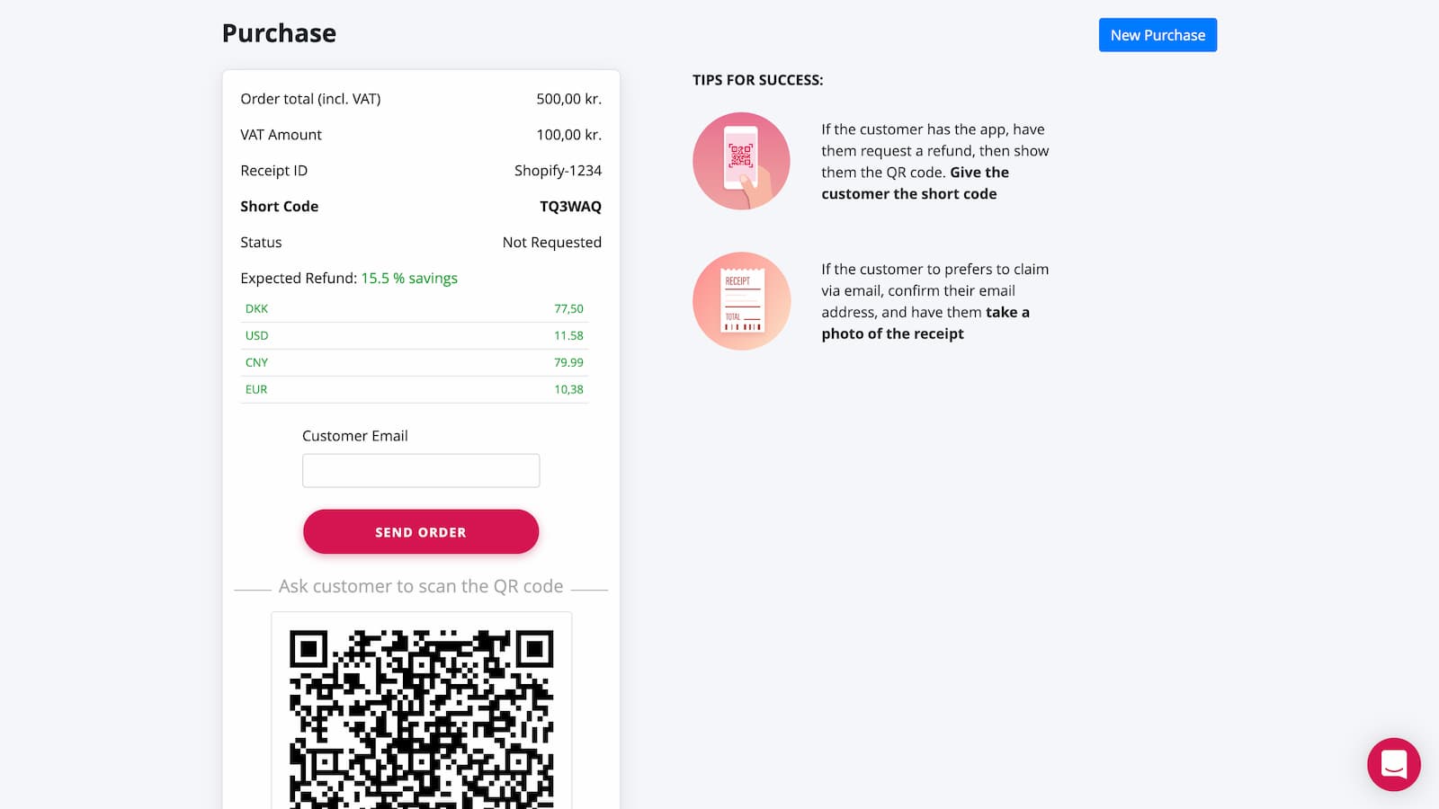 Pie VAT Order seen in an embedded app